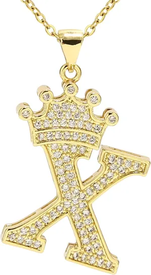 A-Z Letters Necklace Crown Necklace for Men Women 18K Gold Plated Letters Pendants with 23'' Chain Hip Hop Alphabet Name Jewelry Mom Gifts (Yellow-x)