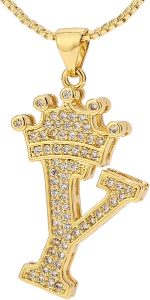 A-Z Letters Necklace Crown Necklace for Men Women 18K Gold Plated Letters Pendants with 23'' Chain Hip Hop Alphabet Name Jewelry Mom Gifts (Yellow-y)