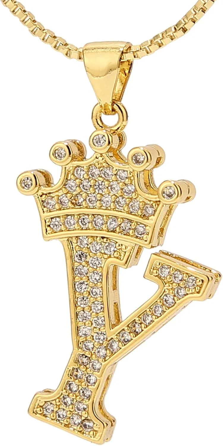 A-Z Letters Necklace Crown Necklace for Men Women 18K Gold Plated Letters Pendants with 23'' Chain Hip Hop Alphabet Name Jewelry Mom Gifts (Yellow-y)