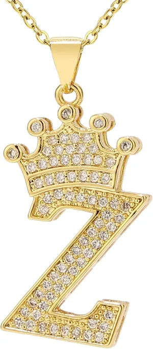 A-Z Letters Necklace Crown Necklace for Men Women 18K Gold Plated Letters Pendants with 23'' Chain Hip Hop Alphabet Name Jewelry Mom Gifts (Yellow-z)