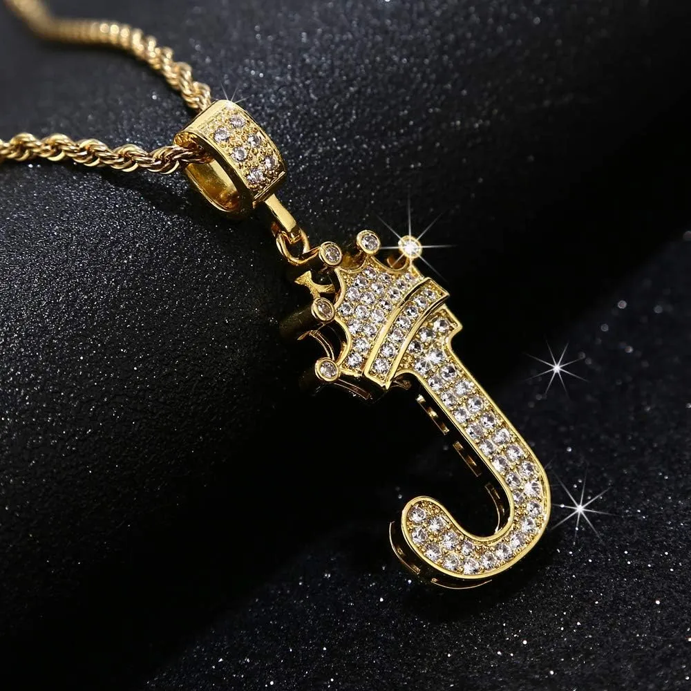 A-Z Letters Necklace Crown Necklace for Men Women 18K Gold Plated Letters Pendants with 23'' Chain Hip Hop Alphabet Name Jewelry Mom Gifts