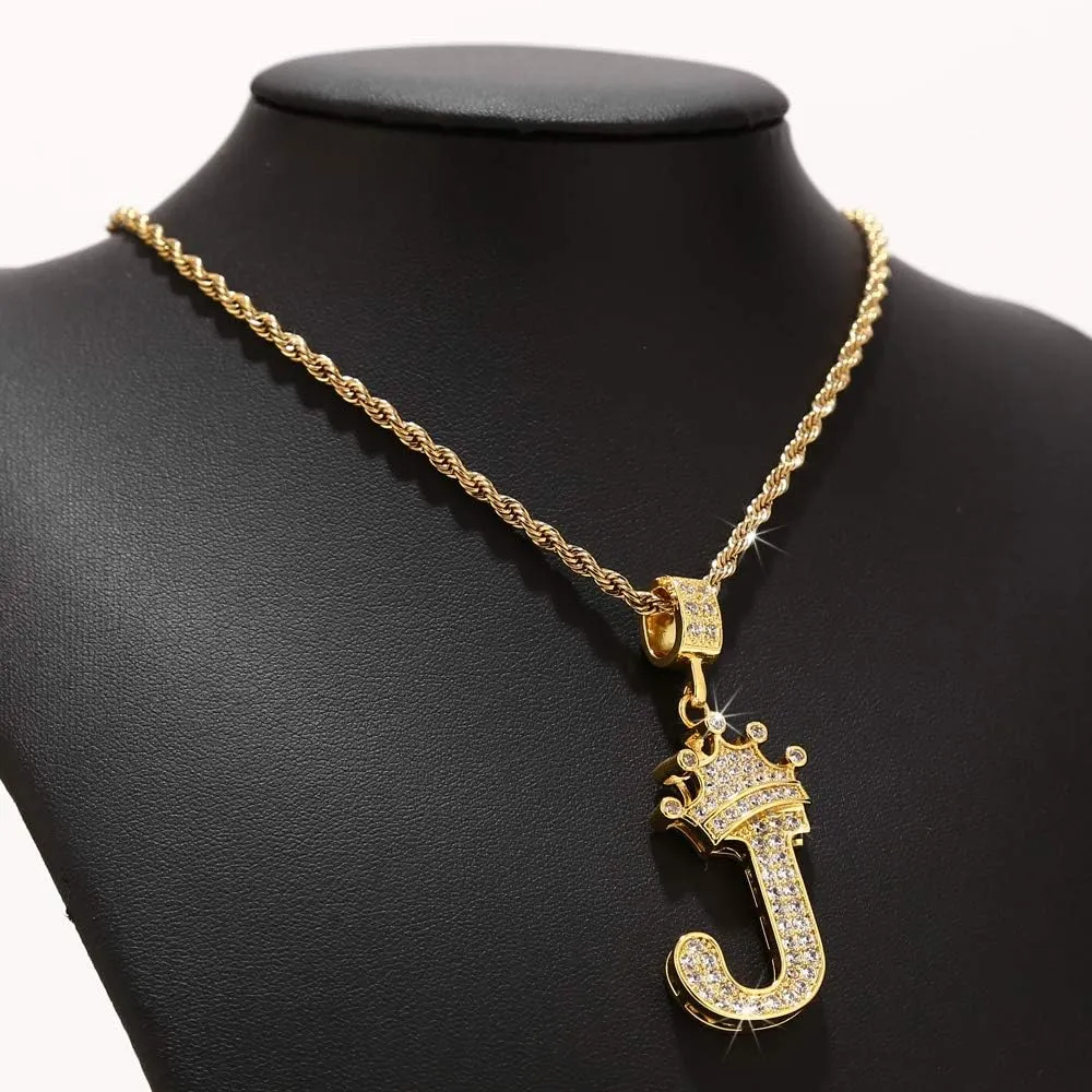 A-Z Letters Necklace Crown Necklace for Men Women 18K Gold Plated Letters Pendants with 23'' Chain Hip Hop Alphabet Name Jewelry Mom Gifts