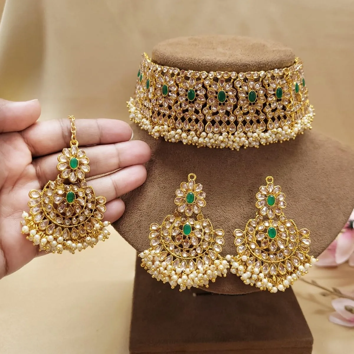 Aabhu Kundan Choker Necklace Set with Earrings & Maang Tikka, Gold-Plated Indian Wedding Jewelry Sets for Women, Traditional Indian Choker Necklace, Bollywood Jewelry, Indian Jewelry Set for Weddings & Parties