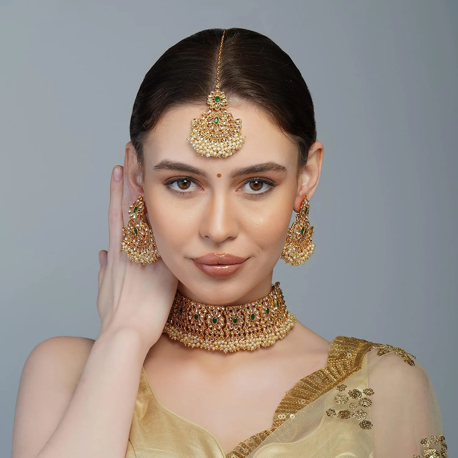 Aabhu Kundan Choker Necklace Set with Earrings & Maang Tikka, Gold-Plated Indian Wedding Jewelry Sets for Women, Traditional Indian Choker Necklace, Bollywood Jewelry, Indian Jewelry Set for Weddings & Parties