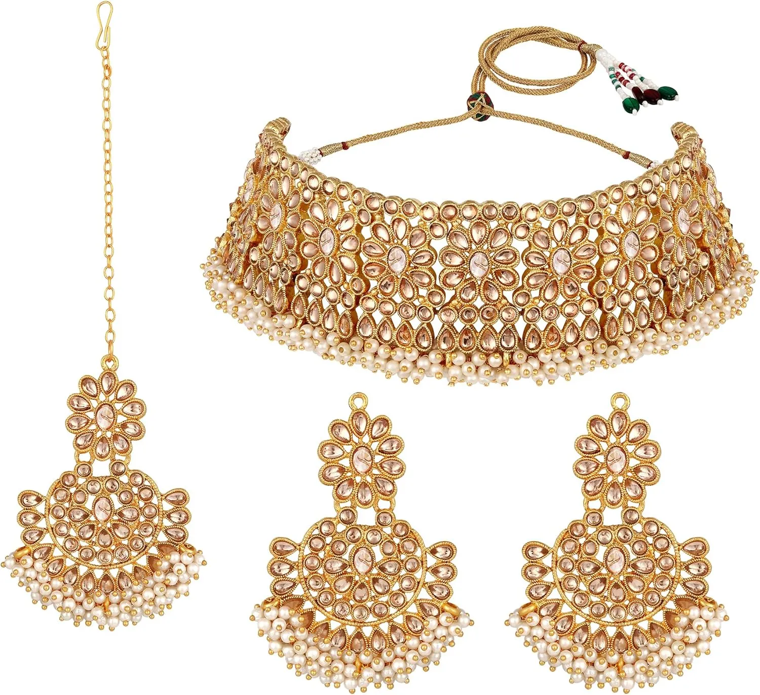 Aabhu Kundan Choker Necklace Set with Earrings & Maang Tikka, Gold-Plated Indian Wedding Jewelry Sets for Women, Traditional Indian Choker Necklace, Bollywood Jewelry, Indian Jewelry Set for Weddings & Parties