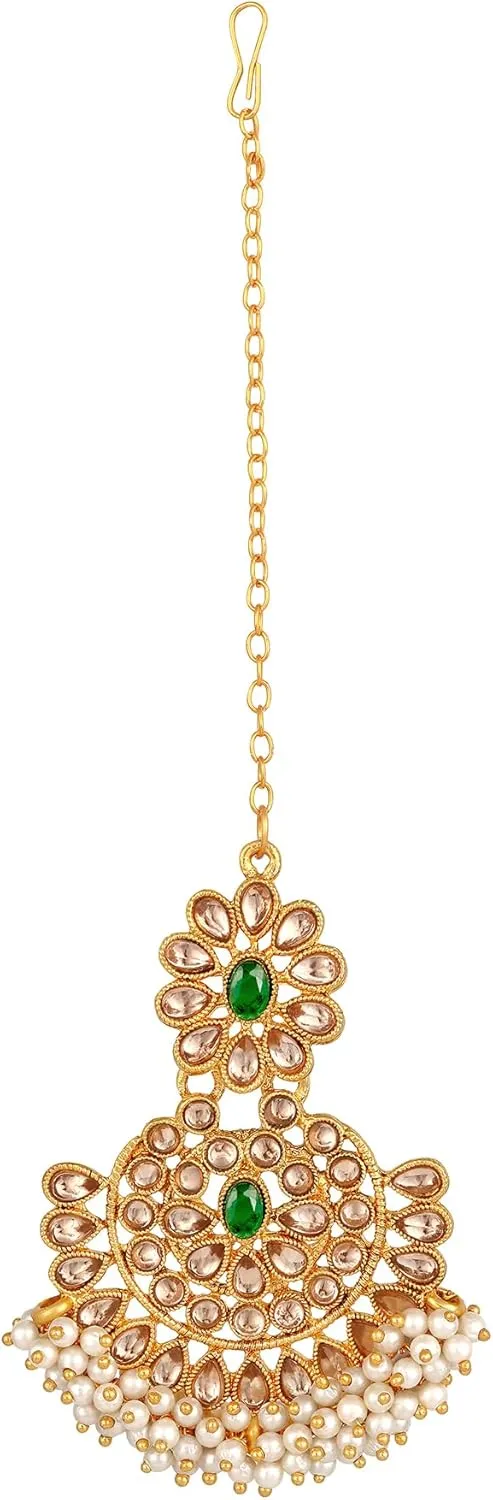 Aabhu Kundan Choker Necklace Set with Earrings & Maang Tikka, Gold-Plated Indian Wedding Jewelry Sets for Women, Traditional Indian Choker Necklace, Bollywood Jewelry, Indian Jewelry Set for Weddings & Parties