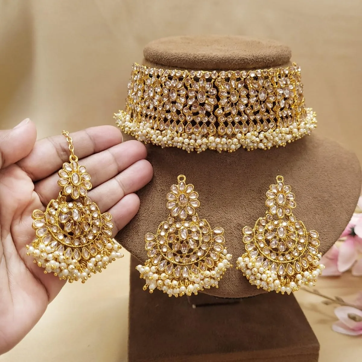 Aabhu Kundan Choker Necklace Set with Earrings & Maang Tikka, Gold-Plated Indian Wedding Jewelry Sets for Women, Traditional Indian Choker Necklace, Bollywood Jewelry, Indian Jewelry Set for Weddings & Parties