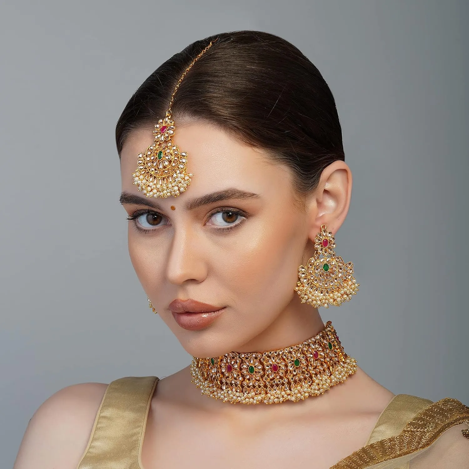 Aabhu Kundan Choker Necklace Set with Earrings & Maang Tikka, Gold-Plated Indian Wedding Jewelry Sets for Women, Traditional Indian Choker Necklace, Bollywood Jewelry, Indian Jewelry Set for Weddings & Parties