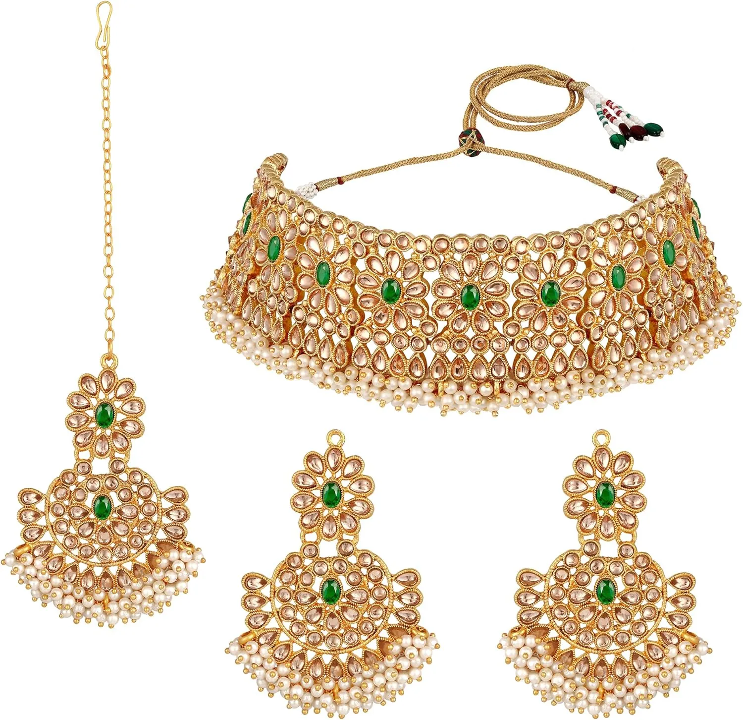 Aabhu Kundan Choker Necklace Set with Earrings & Maang Tikka, Gold-Plated Indian Wedding Jewelry Sets for Women, Traditional Indian Choker Necklace, Bollywood Jewelry, Indian Jewelry Set for Weddings & Parties