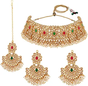 Aabhu Kundan Choker Necklace Set with Earrings & Maang Tikka, Gold-Plated Indian Wedding Jewelry Sets for Women, Traditional Indian Choker Necklace, Bollywood Jewelry, Indian Jewelry Set for Weddings & Parties