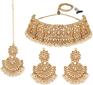 Aabhu Kundan Choker Necklace Set with Earrings & Maang Tikka, Gold-Plated Indian Wedding Jewelry Sets for Women, Traditional Indian Choker Necklace, Bollywood Jewelry, Indian Jewelry Set for Weddings & Parties