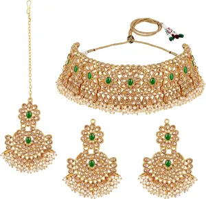 Aabhu Kundan Choker Necklace Set with Earrings & Maang Tikka, Gold-Plated Indian Wedding Jewelry Sets for Women, Traditional Indian Choker Necklace, Bollywood Jewelry, Indian Jewelry Set for Weddings & Parties