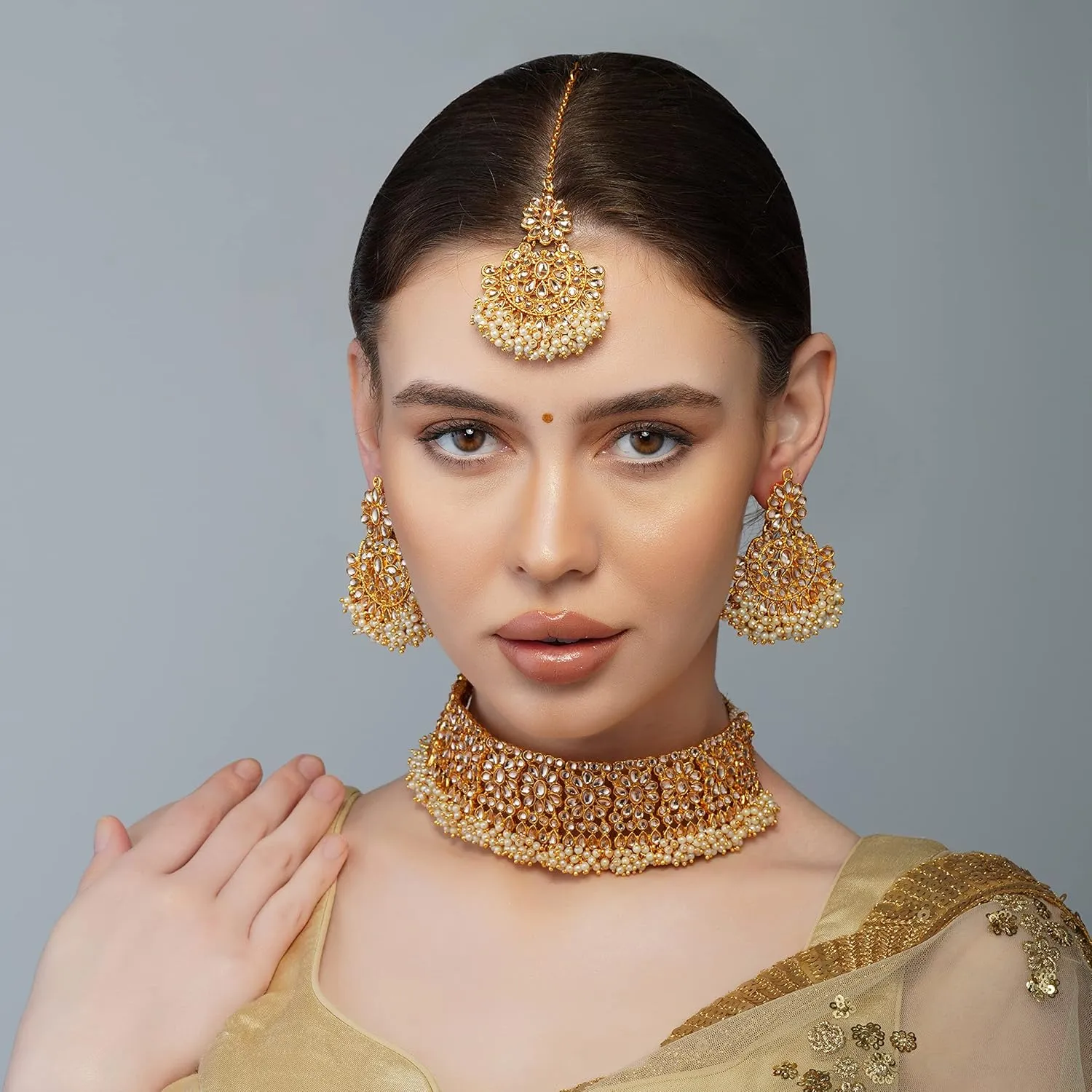 Aabhu Kundan Choker Necklace Set with Earrings & Maang Tikka, Gold-Plated Indian Wedding Jewelry Sets for Women, Traditional Indian Choker Necklace, Bollywood Jewelry, Indian Jewelry Set for Weddings & Parties