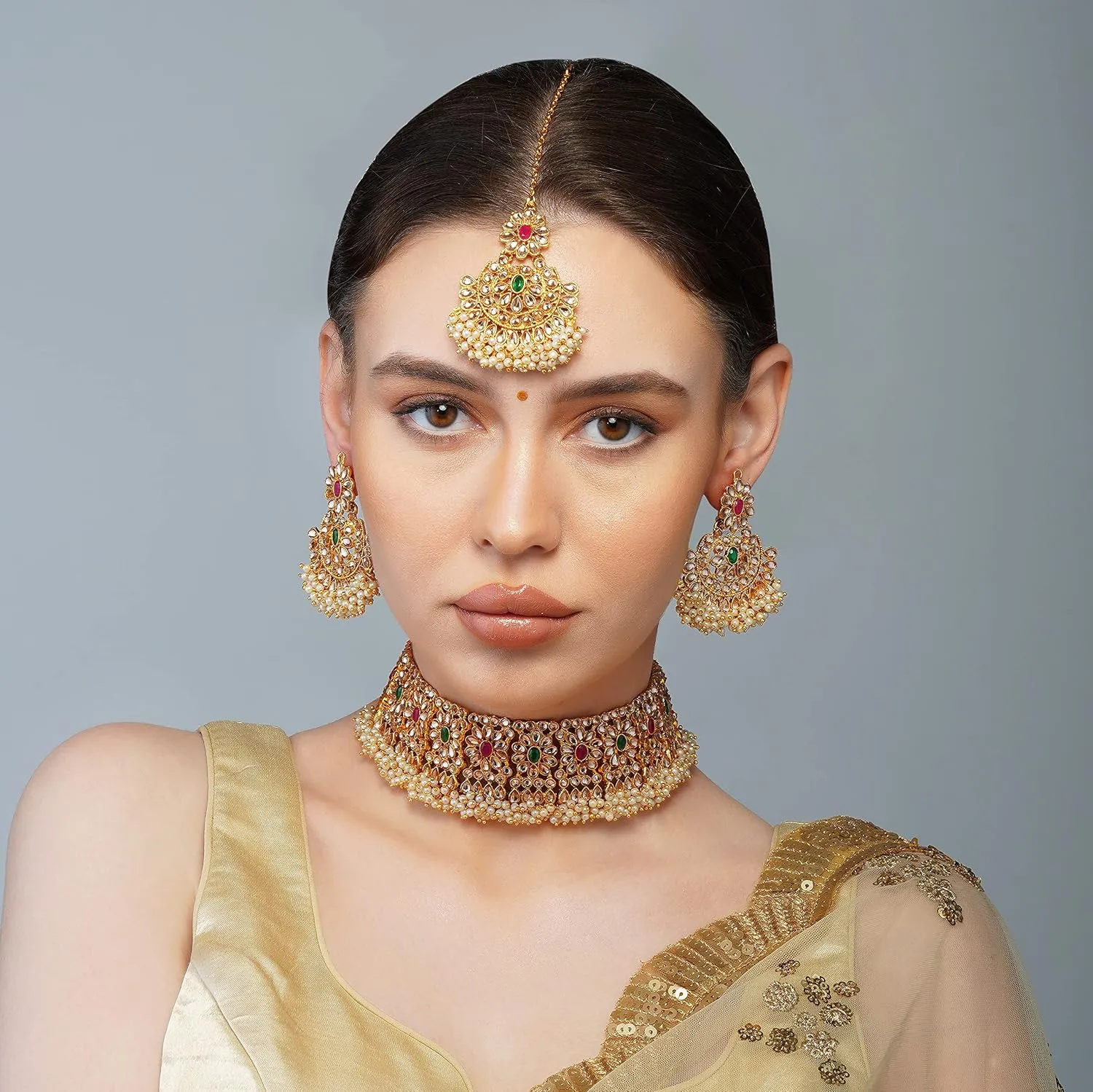 Aabhu Kundan Choker Necklace Set with Earrings & Maang Tikka, Gold-Plated Indian Wedding Jewelry Sets for Women, Traditional Indian Choker Necklace, Bollywood Jewelry, Indian Jewelry Set for Weddings & Parties