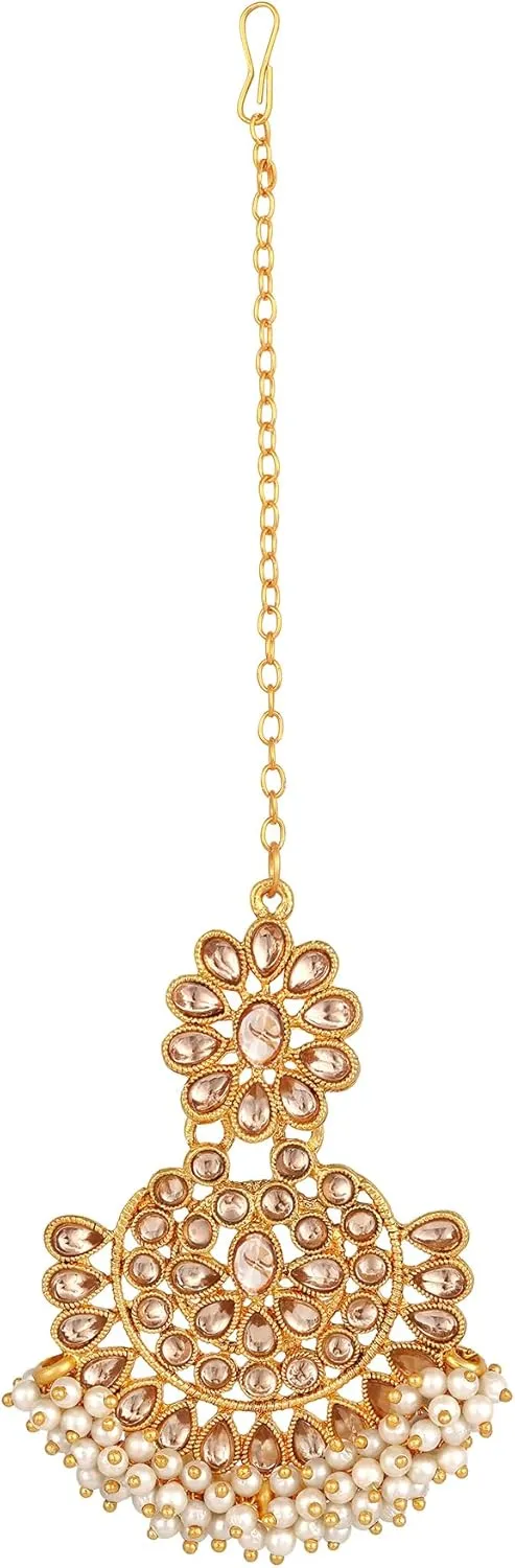 Aabhu Kundan Choker Necklace Set with Earrings & Maang Tikka, Gold-Plated Indian Wedding Jewelry Sets for Women, Traditional Indian Choker Necklace, Bollywood Jewelry, Indian Jewelry Set for Weddings & Parties