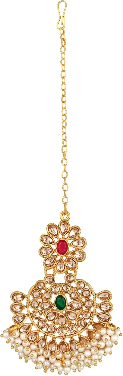 Aabhu Kundan Choker Necklace Set with Earrings & Maang Tikka, Gold-Plated Indian Wedding Jewelry Sets for Women, Traditional Indian Choker Necklace, Bollywood Jewelry, Indian Jewelry Set for Weddings & Parties