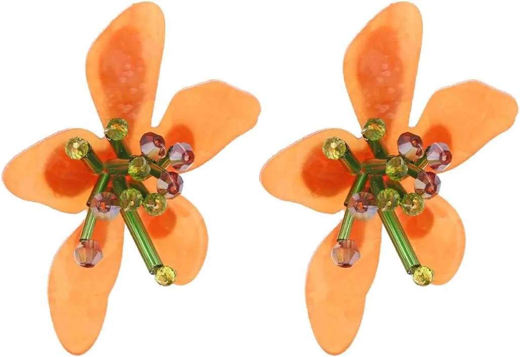 Acrylic Flower Drop Stud Earrings Bohemian Resin Crystal Beaded Floral Costume Statement Wedding Earring For Women Bar Party Fashion Jewelry Orange Purple