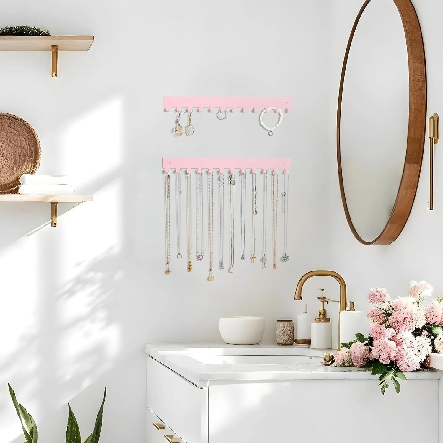 Acrylic Necklace Holder 2 Pack Wall Mounted Necklace Organizer Hanging Jewelry Organizer with 12 Hooks for Necklaces, Bracelets, Rings and Bangles Display Pink