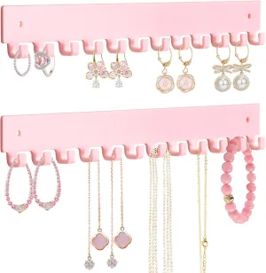Acrylic Necklace Holder 2 Pack Wall Mounted Necklace Organizer Hanging Jewelry Organizer with 12 Hooks for Necklaces, Bracelets, Rings and Bangles Display Pink