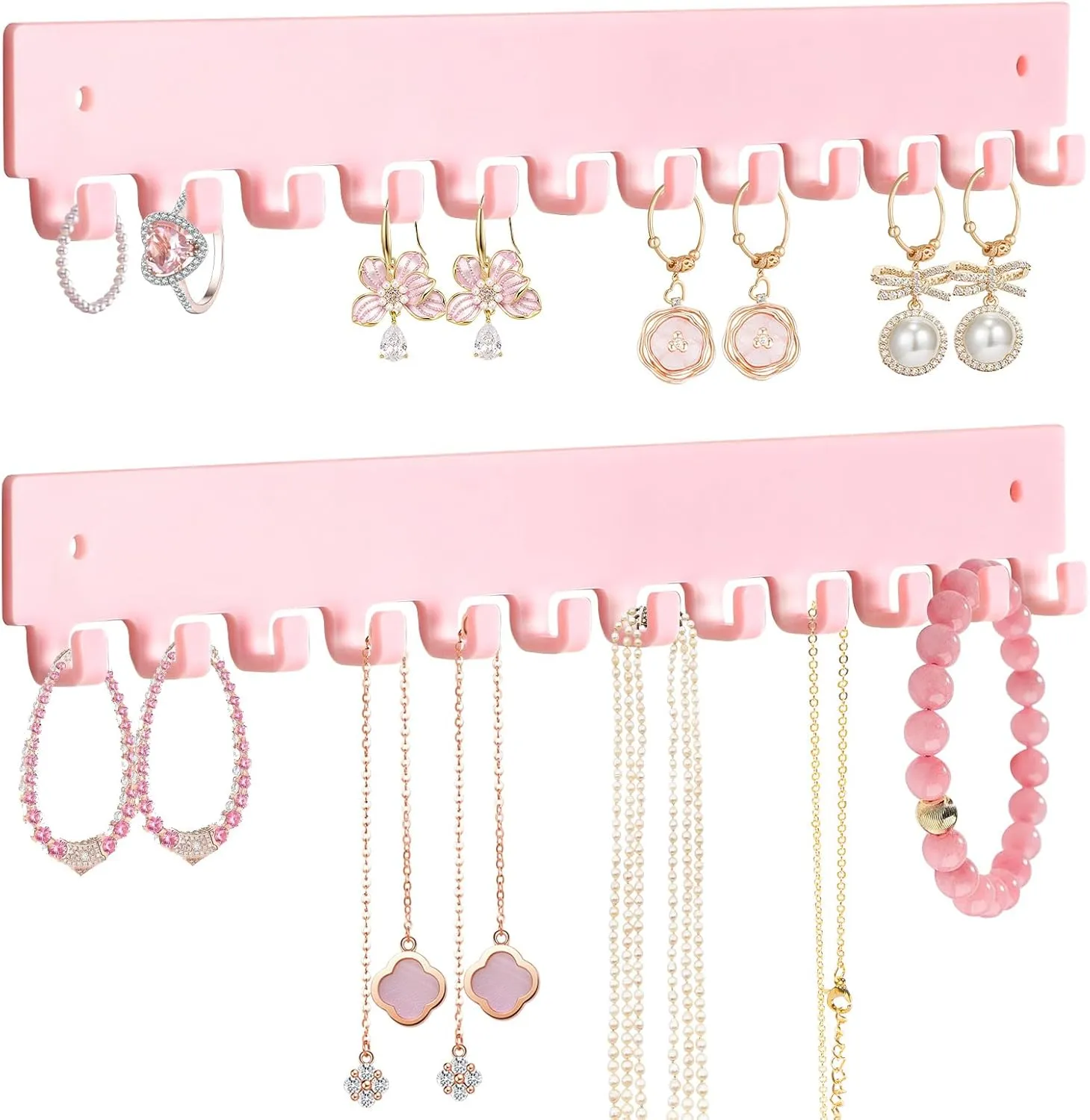 Acrylic Necklace Holder 2 Pack Wall Mounted Necklace Organizer Hanging Jewelry Organizer with 12 Hooks for Necklaces, Bracelets, Rings and Bangles Display Pink
