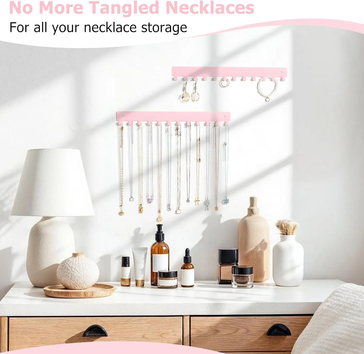 Acrylic Necklace Holder 2 Pack Wall Mounted Necklace Organizer Hanging Jewelry Organizer with 12 Hooks for Necklaces, Bracelets, Rings and Bangles Display Pink