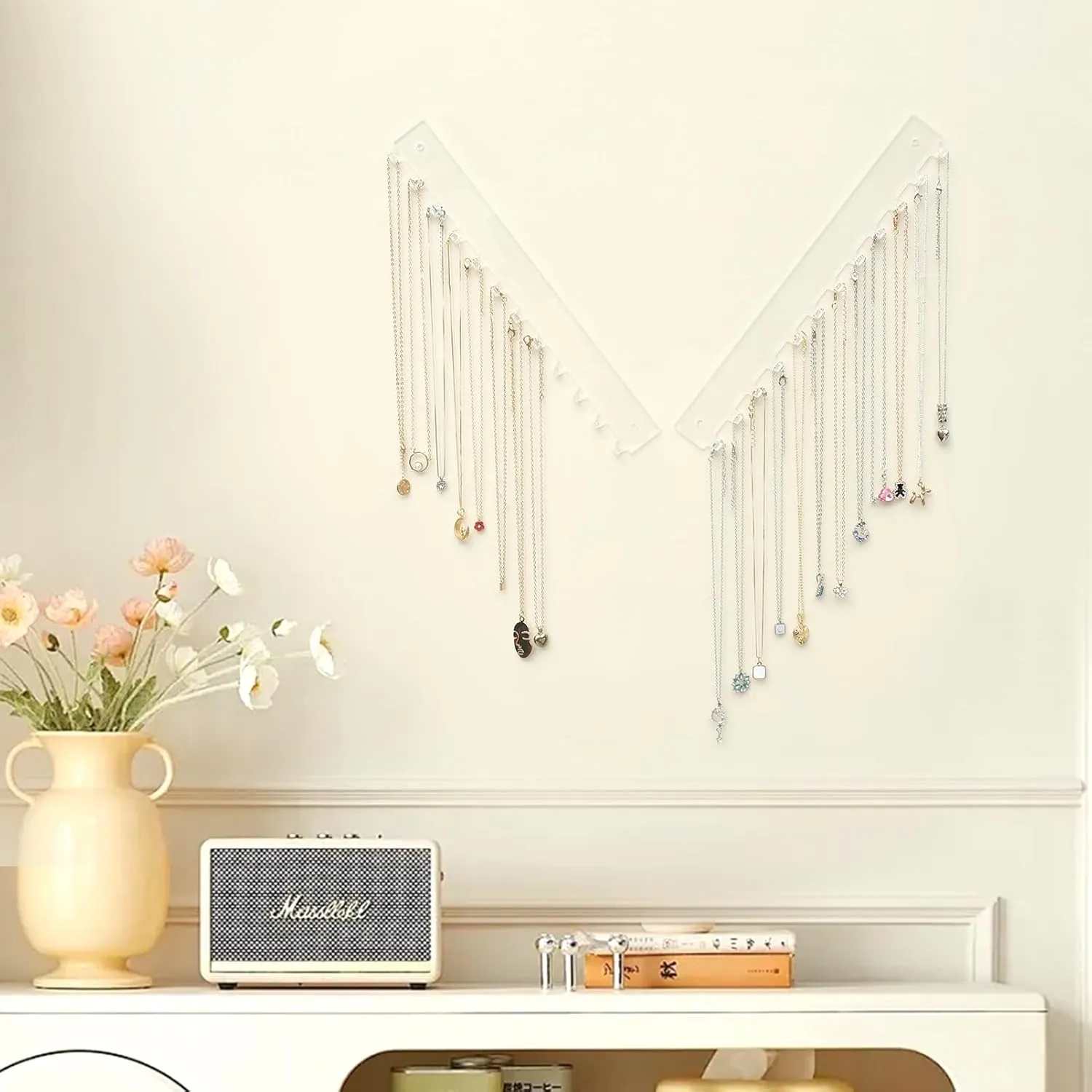 Acrylic Necklace Holder 2 Pack Wall Mounted Necklace Organizer Hanging Jewelry Organizer with 12 Hooks for Necklaces, Bracelets, Rings and Bangles Display