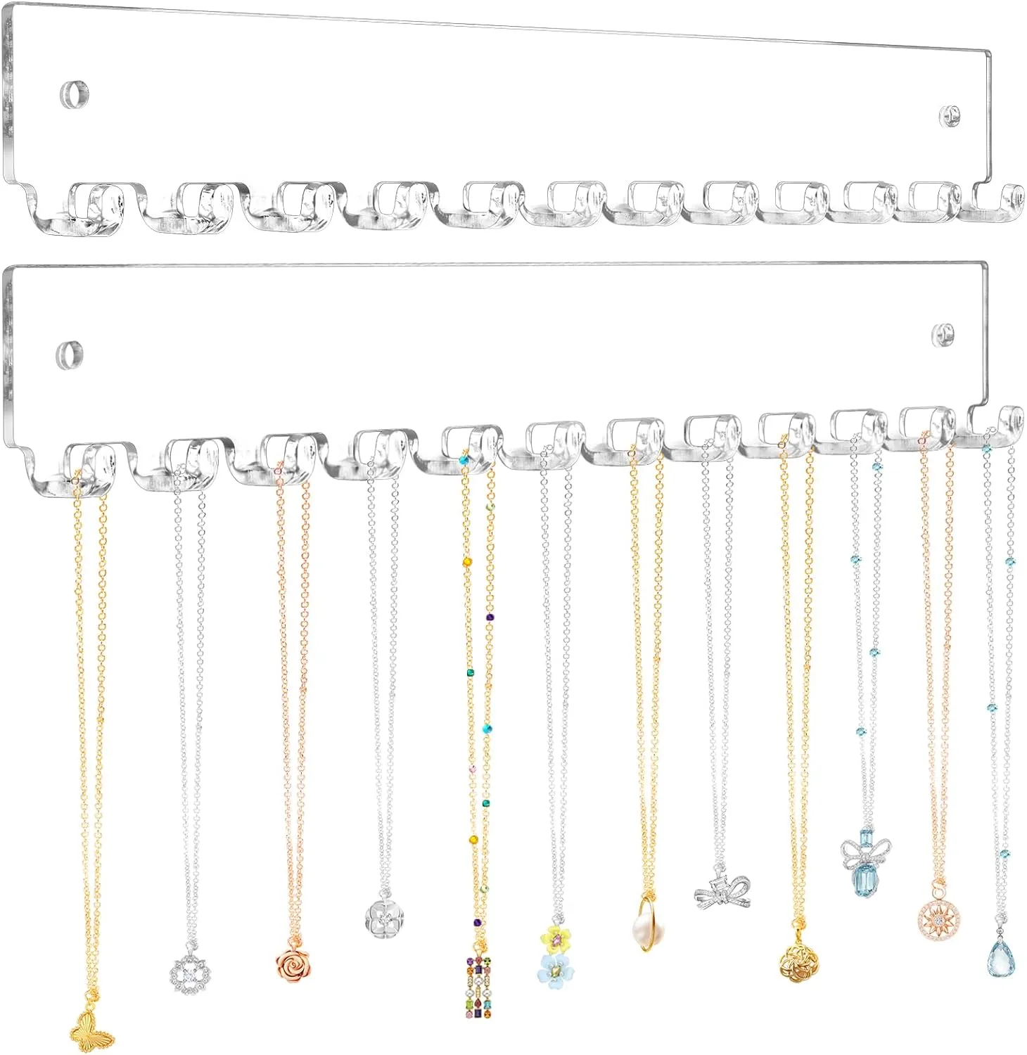 Acrylic Necklace Holder 2 Pack Wall Mounted Necklace Organizer Hanging Jewelry Organizer with 12 Hooks for Necklaces, Bracelets, Rings and Bangles Display
