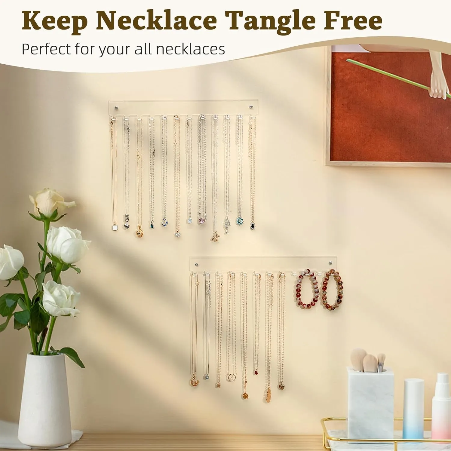 Acrylic Necklace Holder 2 Pack Wall Mounted Necklace Organizer Hanging Jewelry Organizer with 12 Hooks for Necklaces, Bracelets, Rings and Bangles Display
