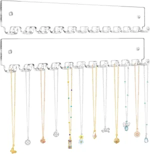 Acrylic Necklace Holder 2 Pack Wall Mounted Necklace Organizer Hanging Jewelry Organizer with 12 Hooks for Necklaces, Bracelets, Rings and Bangles Display