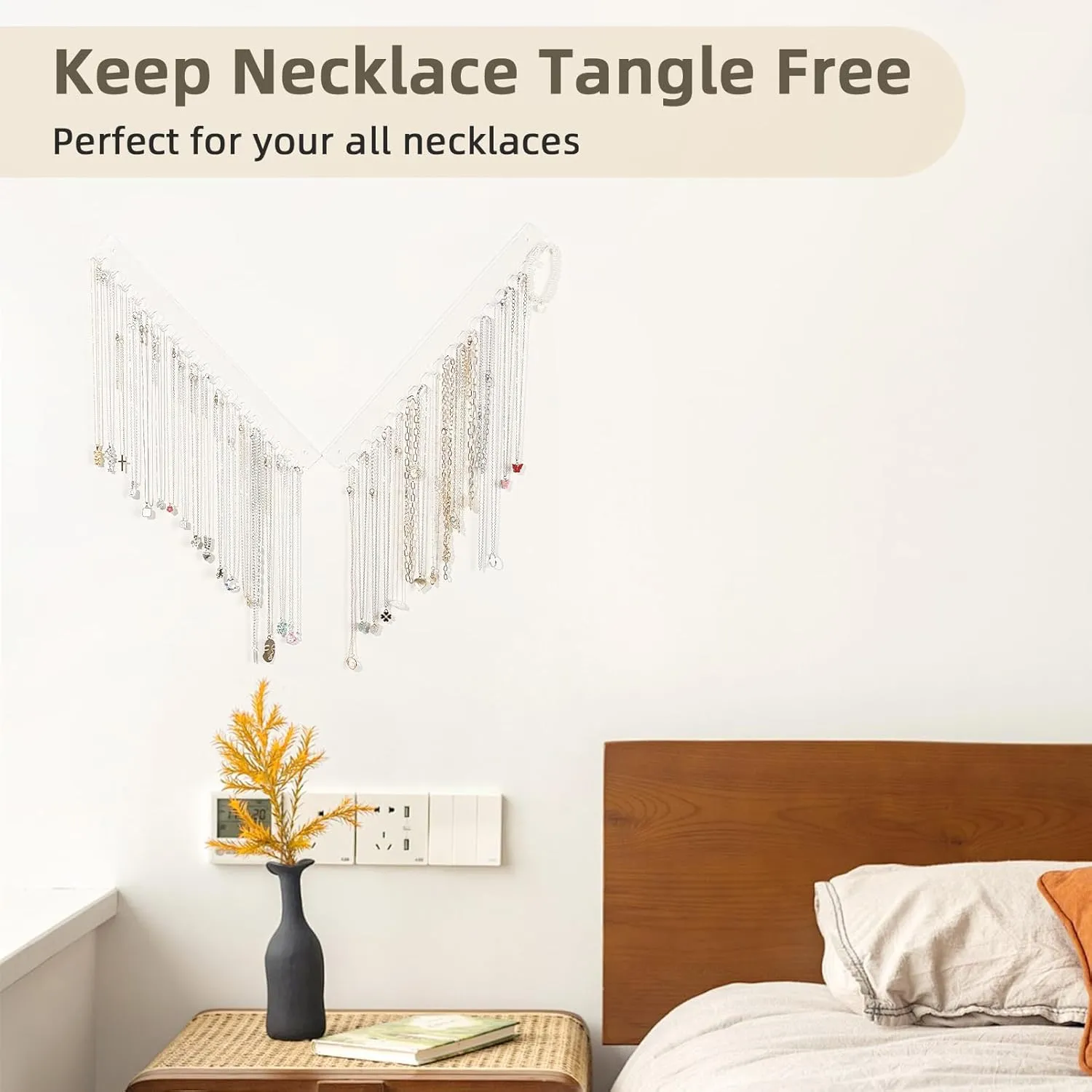 Acrylic Necklace Holder 2 Pack Wall Mounted Necklace Organizer Hanging Jewelry Organizer with 17 Hooks for Necklaces, Bracelets, Rings and Bangles Display (14.17 inch)
