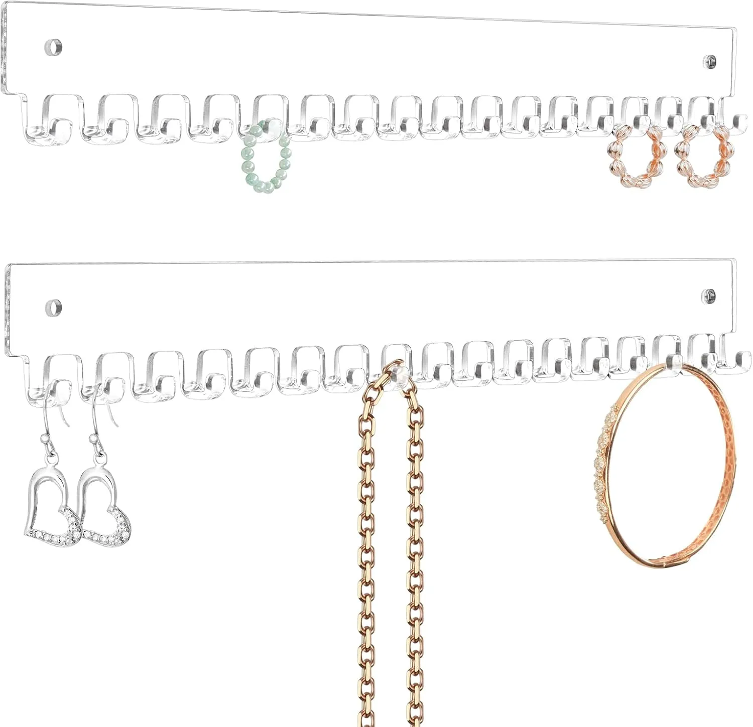 Acrylic Necklace Holder 2 Pack Wall Mounted Necklace Organizer Hanging Jewelry Organizer with 17 Hooks for Necklaces, Bracelets, Rings and Bangles Display (14.17 inch)