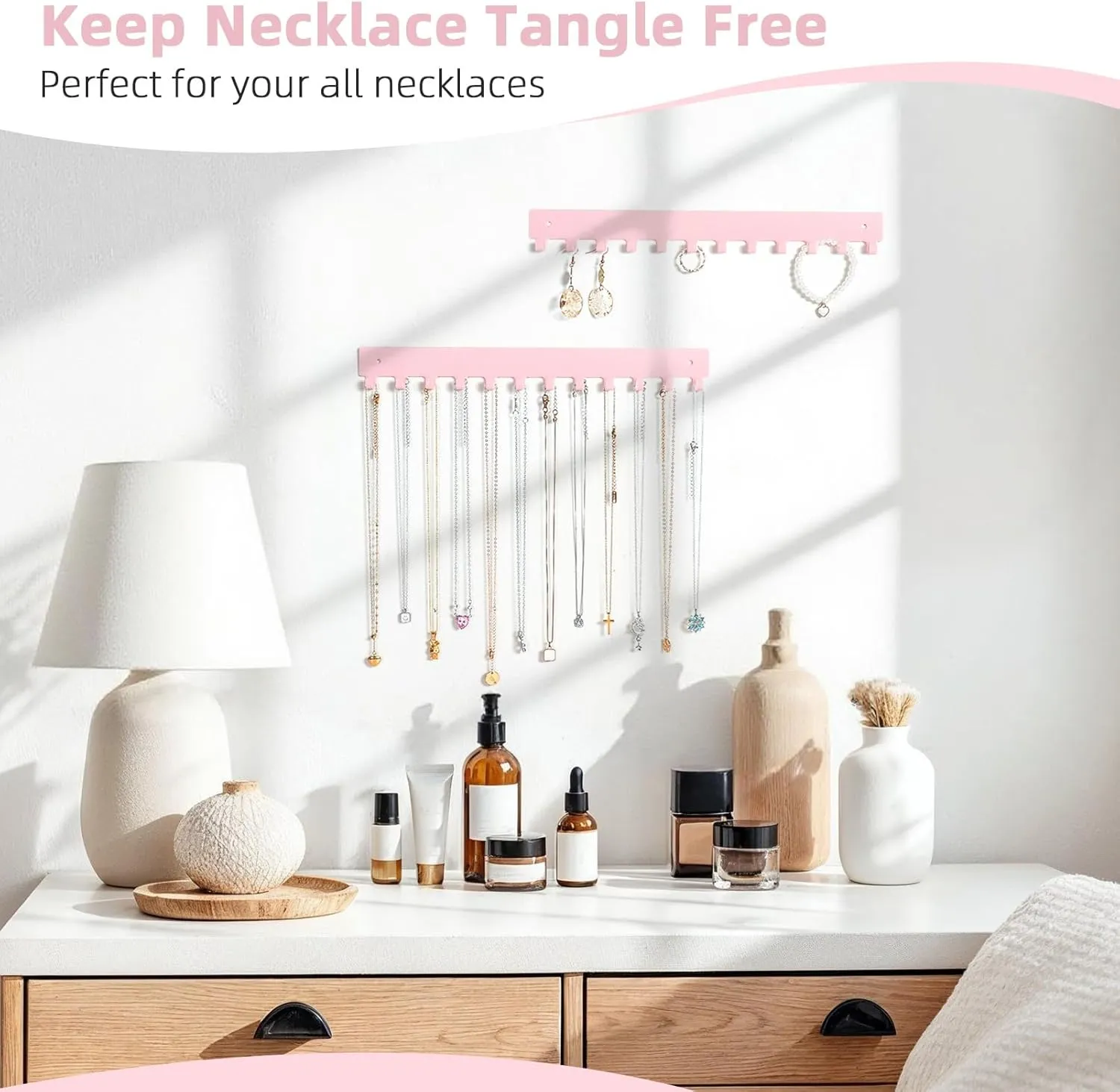 Acrylic Necklace Holder 4 Pack Wall Mounted Necklace Organizer Hanging Jewelry Organizer with 12 Hooks for Necklaces, Bracelets, Rings and Bangles Display Pink