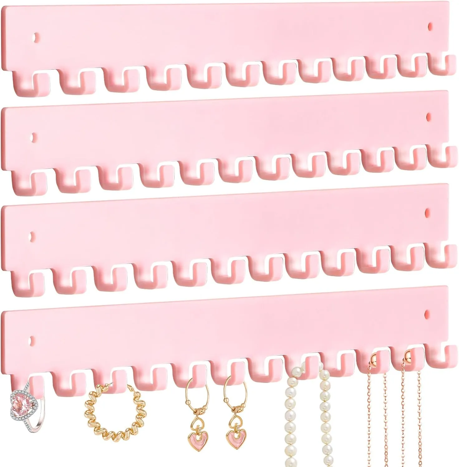 Acrylic Necklace Holder 4 Pack Wall Mounted Necklace Organizer Hanging Jewelry Organizer with 12 Hooks for Necklaces, Bracelets, Rings and Bangles Display Pink