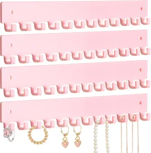 Acrylic Necklace Holder 4 Pack Wall Mounted Necklace Organizer Hanging Jewelry Organizer with 12 Hooks for Necklaces, Bracelets, Rings and Bangles Display Pink