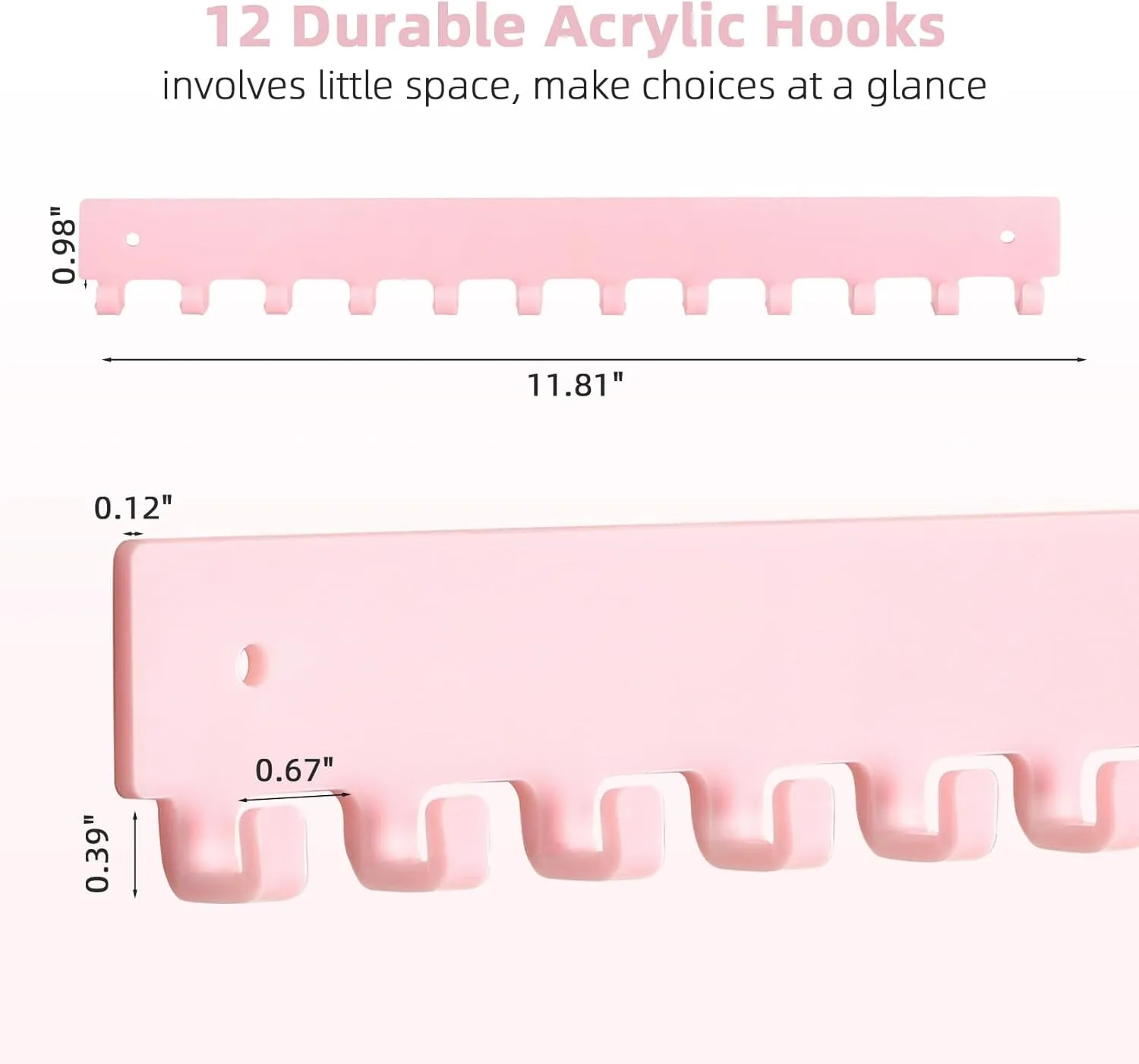 Acrylic Necklace Holder 4 Pack Wall Mounted Necklace Organizer Hanging Jewelry Organizer with 12 Hooks for Necklaces, Bracelets, Rings and Bangles Display Pink