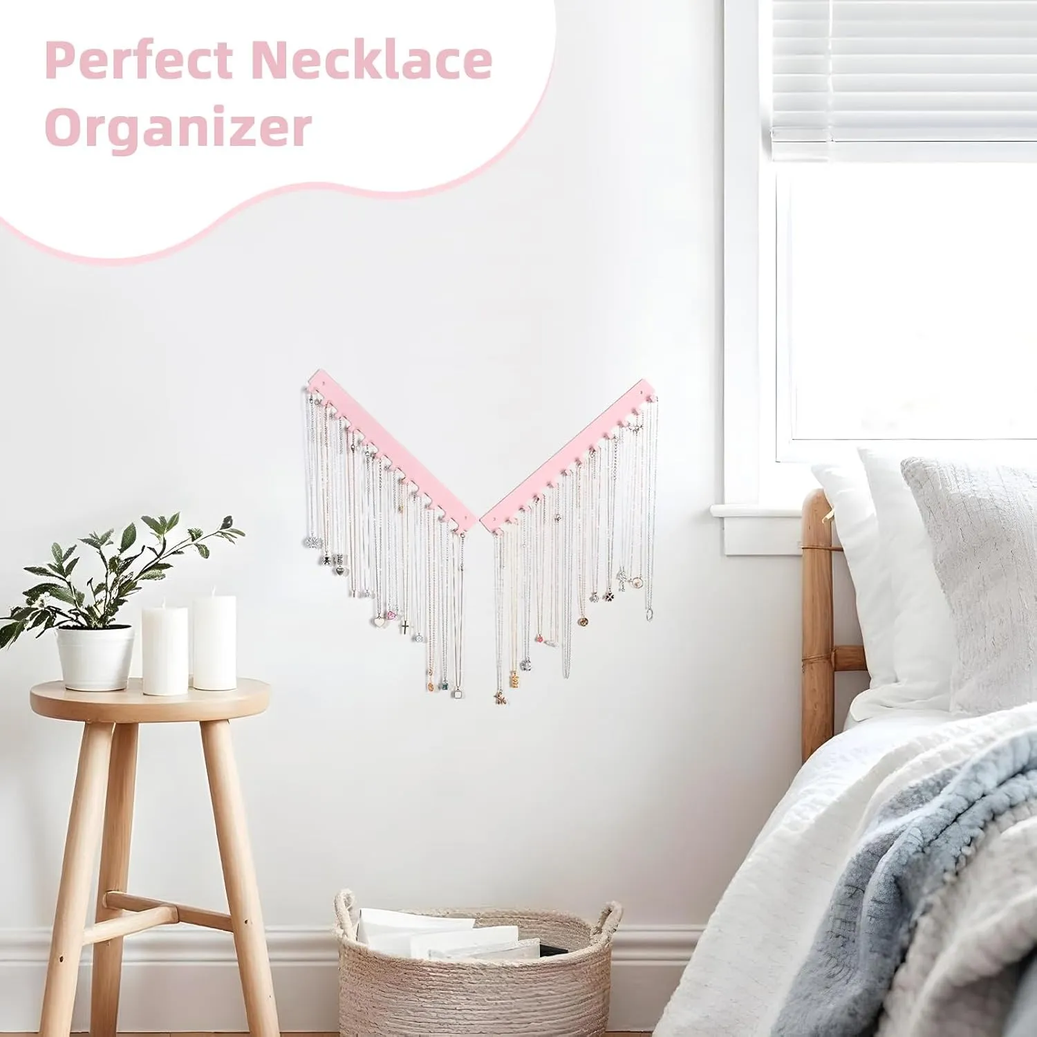 Acrylic Necklace Holder 4 Pack Wall Mounted Necklace Organizer Hanging Jewelry Organizer with 12 Hooks for Necklaces, Bracelets, Rings and Bangles Display Pink