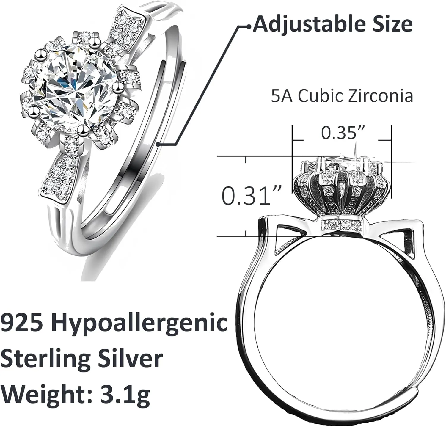 Adjustable 1ct Platinum Plated CZ Wedding Band - 925 Sterling Silver Fashion Ring for Women, Perfect for Weddings or as a Gift for Girlfriend