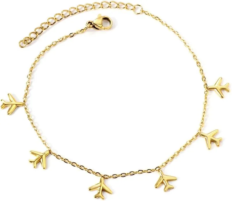 Airplane Anklet for Women Dainty Adjustable Gold Link Fly Plane Charm Foot Chain Stainless Steel Stacking Airline Pendant Bracelet Anklets Simple Statement Ankle World Travel Souvenir Jewelry Freedom Lover Wanderlust Gifts