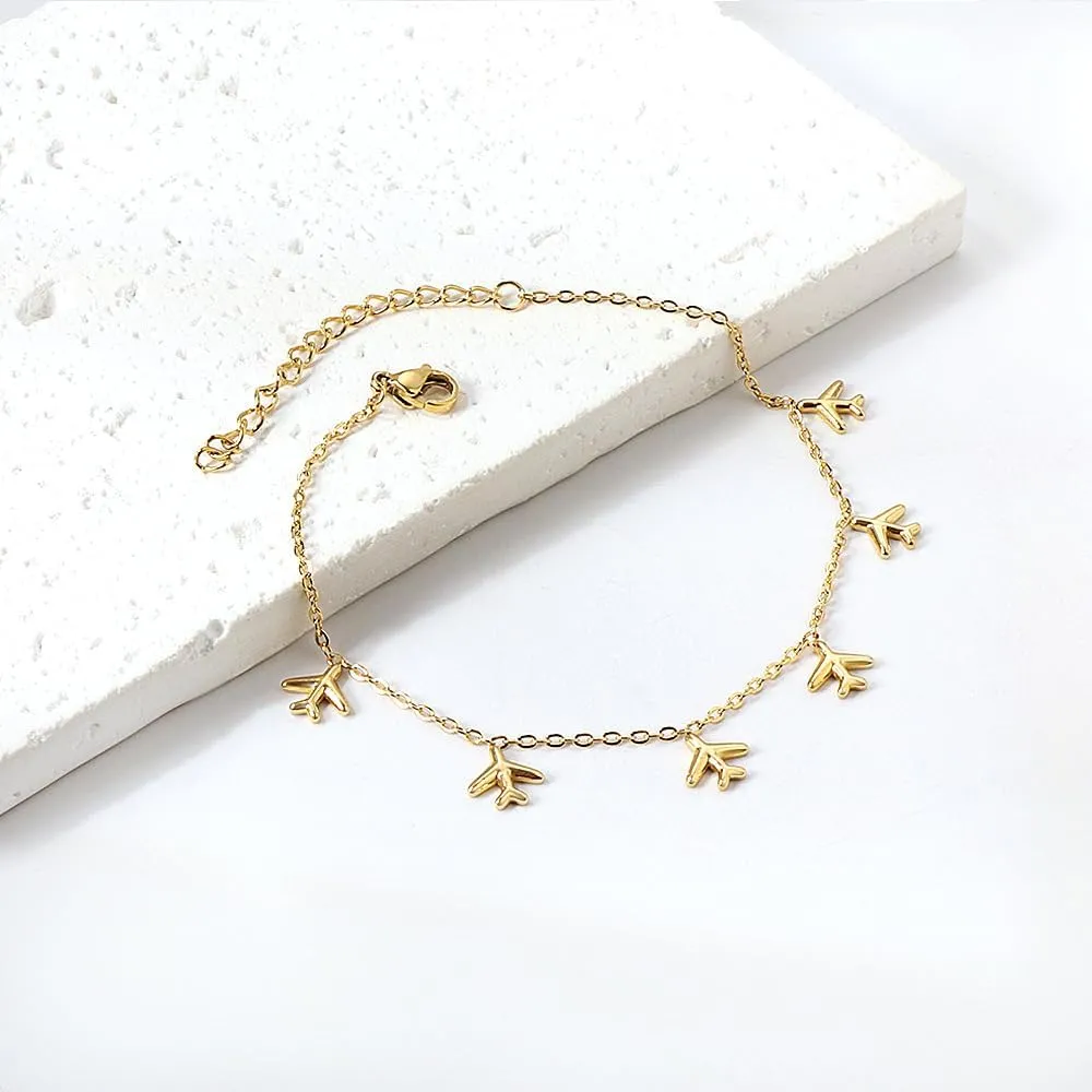 Airplane Anklet for Women Dainty Adjustable Gold Link Fly Plane Charm Foot Chain Stainless Steel Stacking Airline Pendant Bracelet Anklets Simple Statement Ankle World Travel Souvenir Jewelry Freedom Lover Wanderlust Gifts