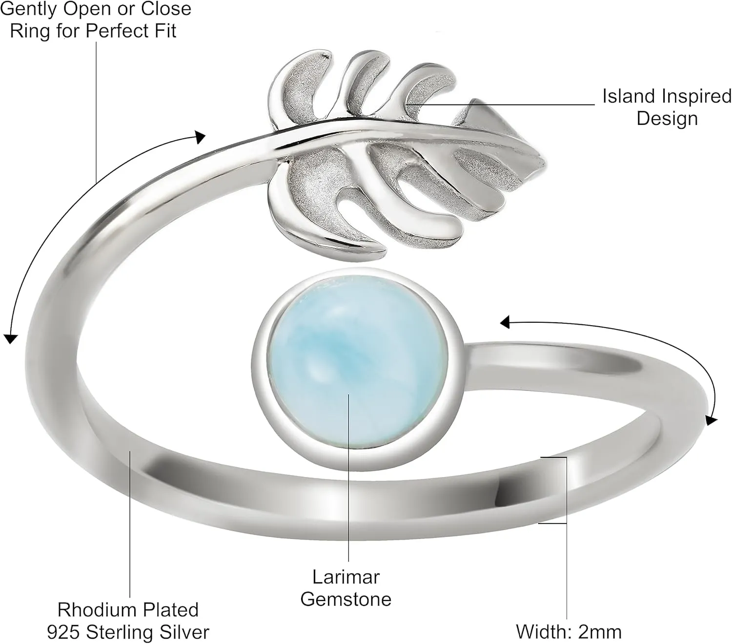 Aloha Jewelry Company 925 Sterling Silver Monstera Leaf and Full Moon, Adjustable Easy Resize Wrap Around Bypass Ring Eternity Band, Blue White Opal Larimar, Hypoallergenic Nickel Free, with Gift Box