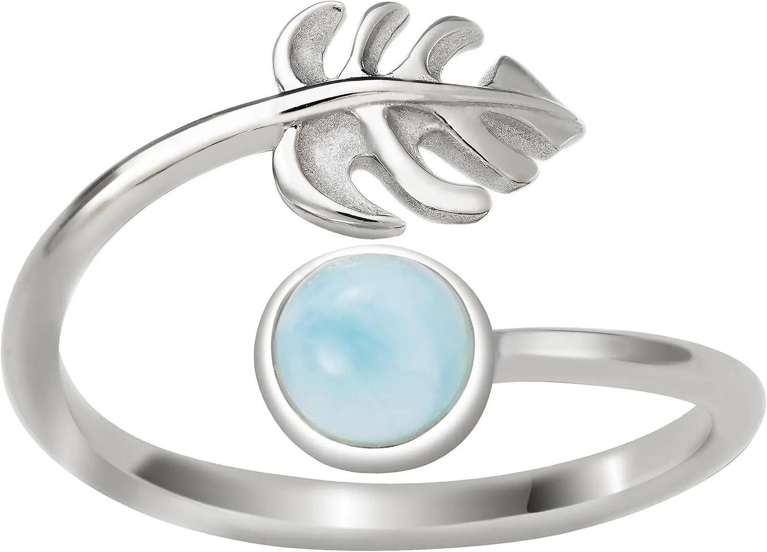 Aloha Jewelry Company 925 Sterling Silver Monstera Leaf and Full Moon, Adjustable Easy Resize Wrap Around Bypass Ring Eternity Band, Blue White Opal Larimar, Hypoallergenic Nickel Free, with Gift Box