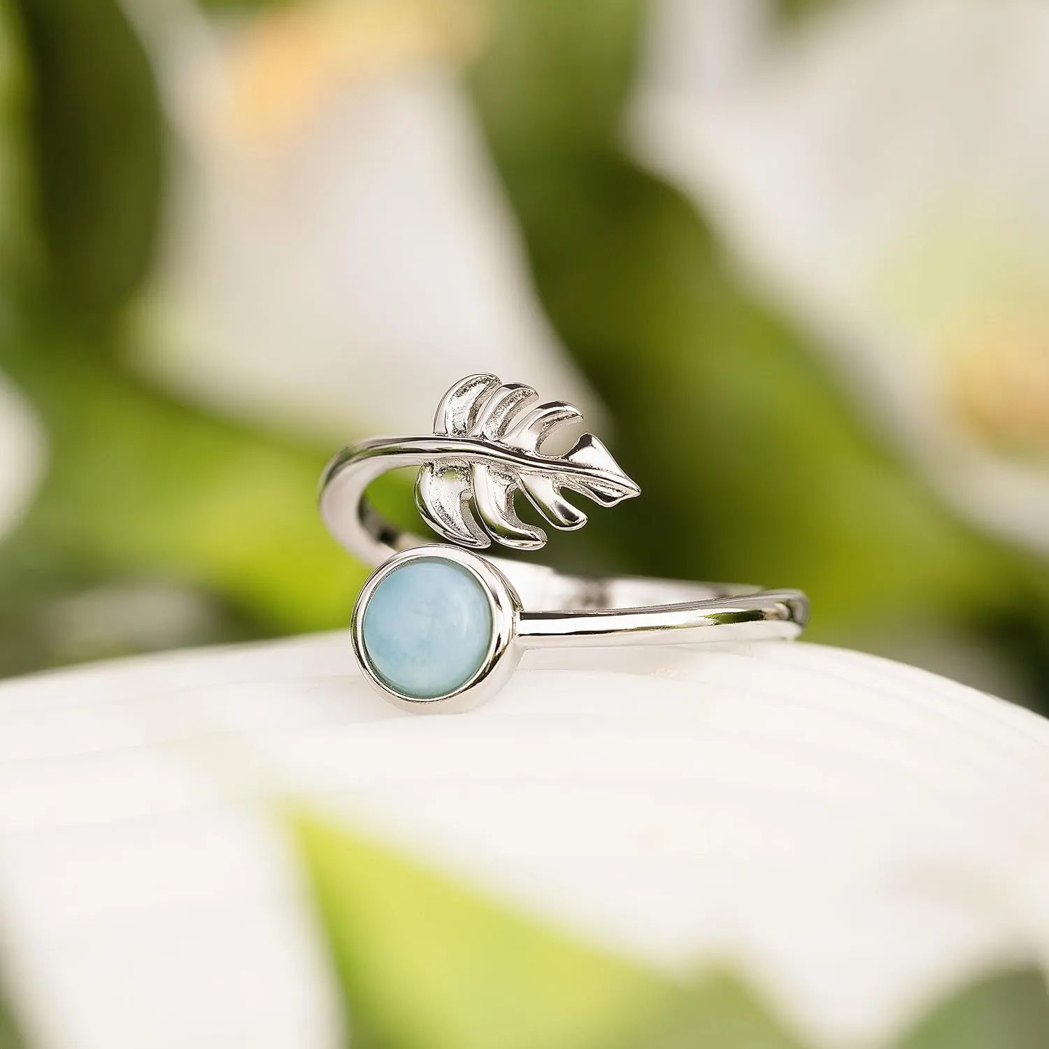 Aloha Jewelry Company 925 Sterling Silver Monstera Leaf and Full Moon, Adjustable Easy Resize Wrap Around Bypass Ring Eternity Band, Blue White Opal Larimar, Hypoallergenic Nickel Free, with Gift Box