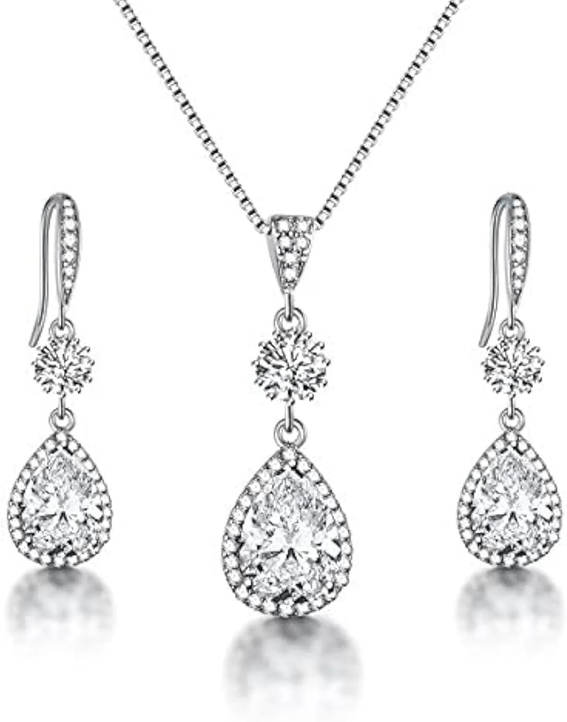 AMYJANE Elegant Jewelry Set for Women - Silver Teardrop Clear Cubic Zirconia Crystal Rhinestone Drop Earrings and Necklace Bridal Jewelry Sets Best Gift for Bridesmaids