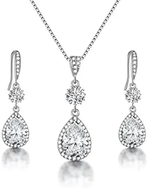 AMYJANE Elegant Jewelry Set for Women - Silver Teardrop Clear Cubic Zirconia Crystal Rhinestone Drop Earrings and Necklace Bridal Jewelry Sets Best Gift for Bridesmaids