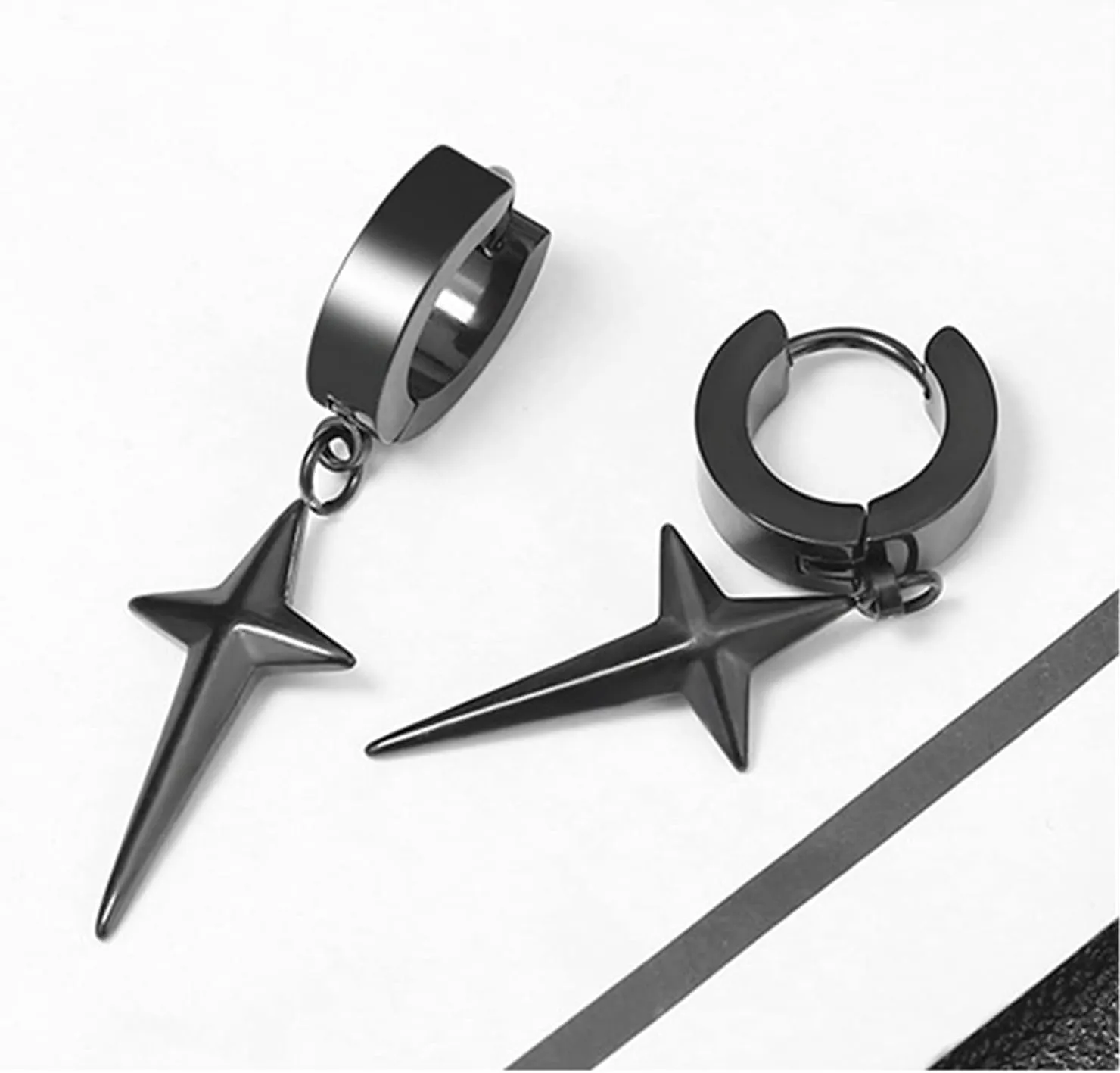 ANDPAI Personalized Punk 316L Stainless Steel Cross Star Hoop Dangle Drop Earrings Small Black Kpop Stainless Steel Geometry Huggie Hoop Earrings for Men Women Statement Jewelry Gifts