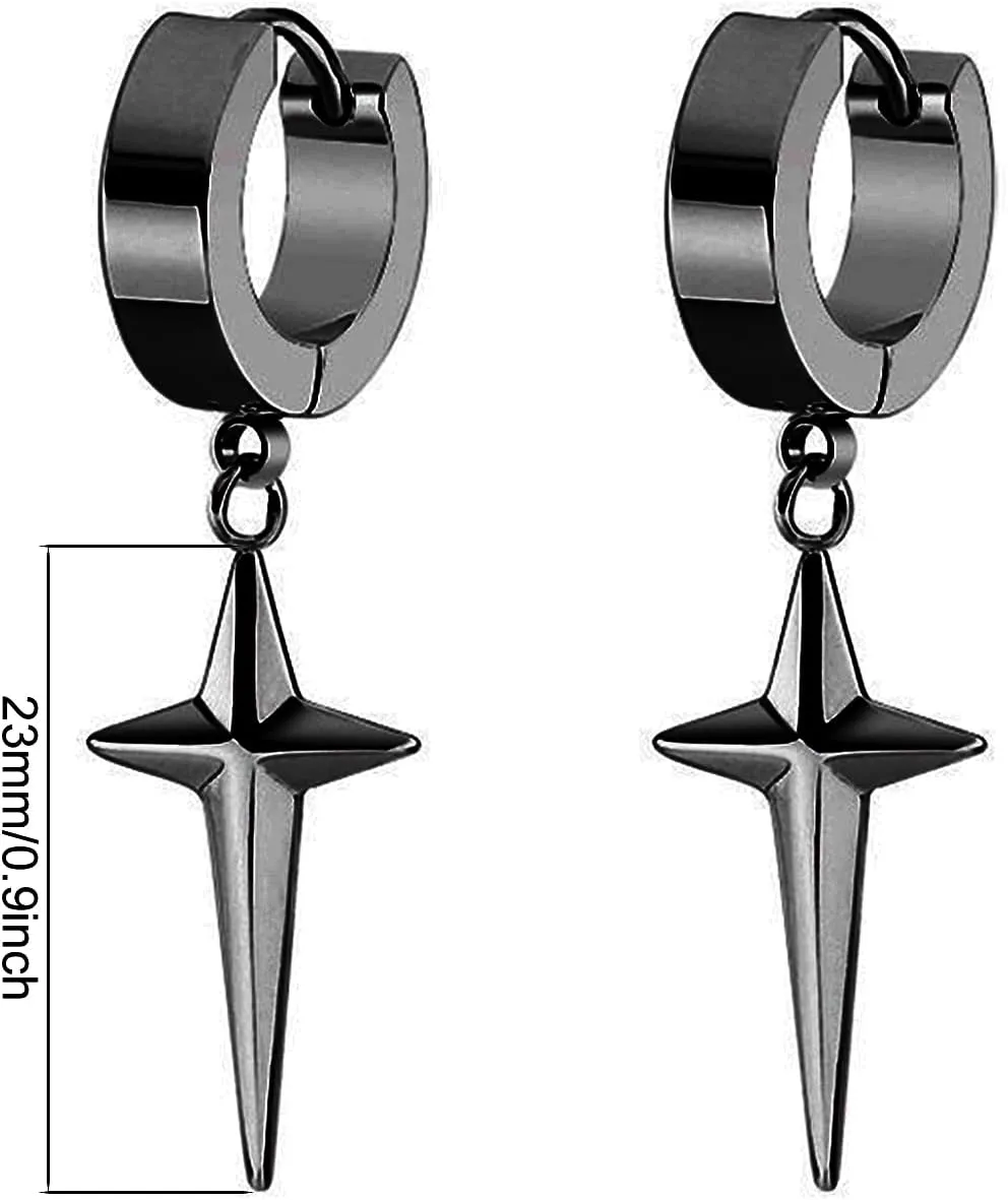 ANDPAI Personalized Punk 316L Stainless Steel Cross Star Hoop Dangle Drop Earrings Small Black Kpop Stainless Steel Geometry Huggie Hoop Earrings for Men Women Statement Jewelry Gifts