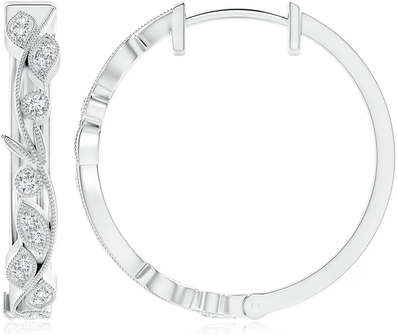 ANGARA Lab Grown Diamond Leaf Hoop Earrings with Milgrain in 14K Solid Gold/Platinum | April Birthstone, Birthday, Engagement, Anniversary, Wedding Jewelry Gift for Women