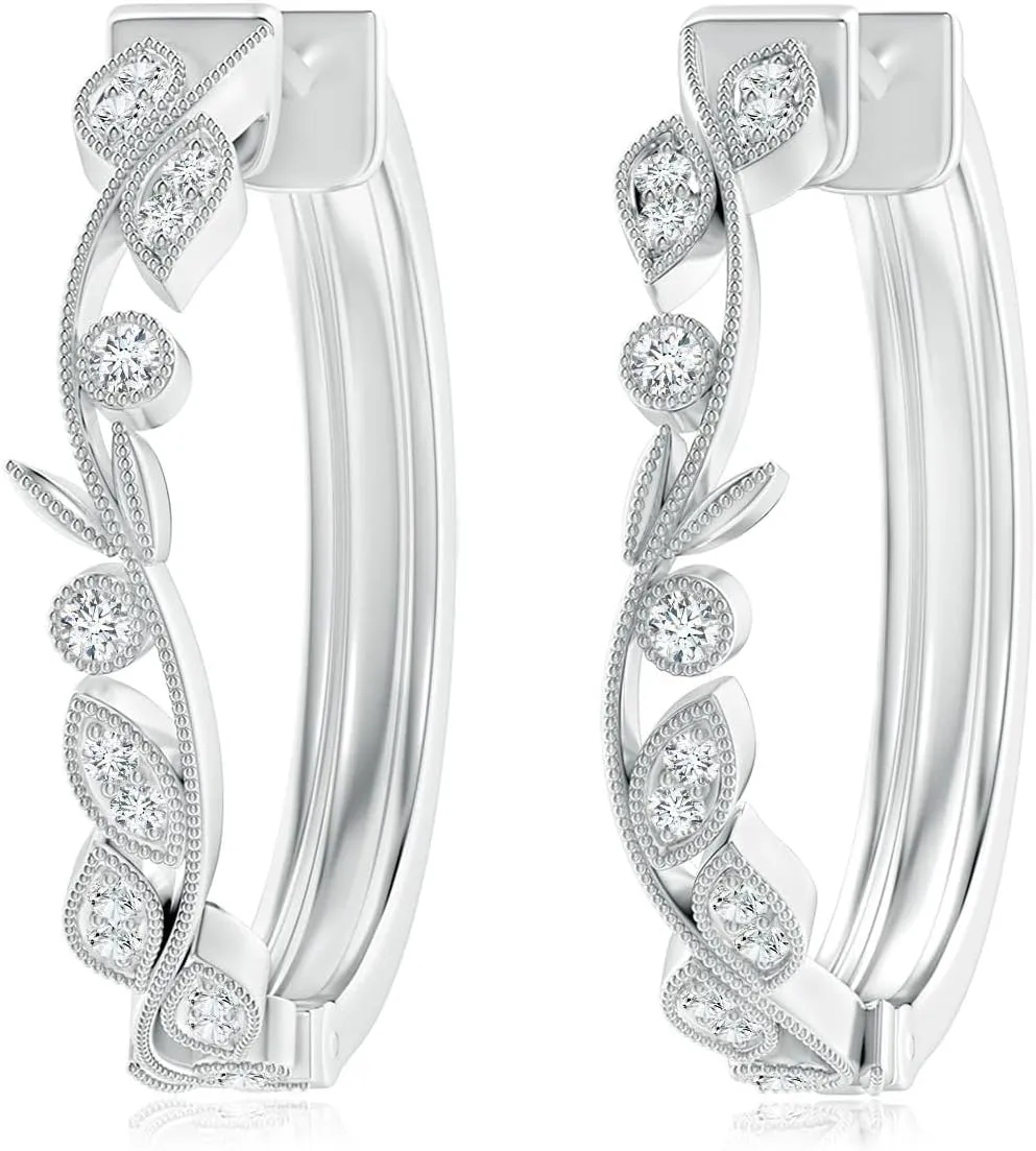 ANGARA Lab Grown Diamond Leaf Hoop Earrings with Milgrain in 14K Solid Gold/Platinum | April Birthstone, Birthday, Engagement, Anniversary, Wedding Jewelry Gift for Women