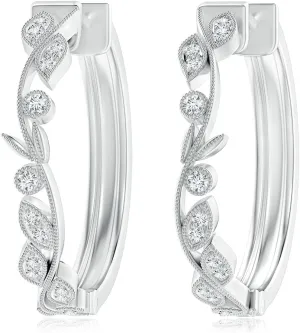 ANGARA Lab Grown Diamond Leaf Hoop Earrings with Milgrain in 14K Solid Gold/Platinum | April Birthstone, Birthday, Engagement, Anniversary, Wedding Jewelry Gift for Women