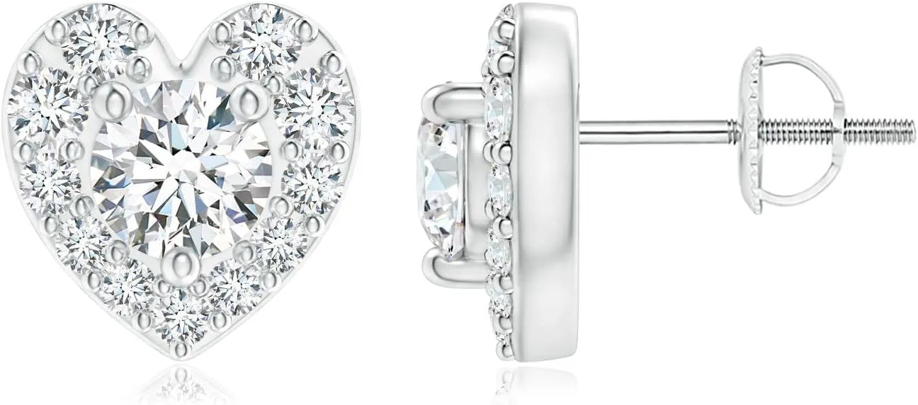 ANGARA Lab Grown Diamond Stud Earrings with Heart-Shaped Halo in 14K Solid Gold/Platinum | April Birthstone, Birthday, Engagement, Anniversary, Wedding Jewelry Gift for Women